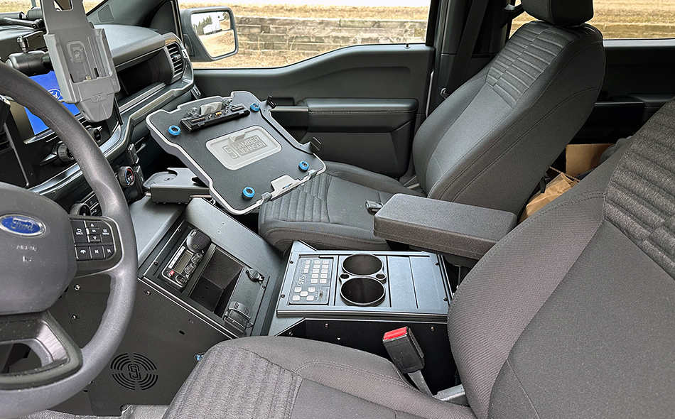 Gamber Johnson 7170-1077-02 2021+ Ford F-150 Wide-To-Narrow Console Box with Cup Holder, Tall Armrest & Mongoose XLE 9"